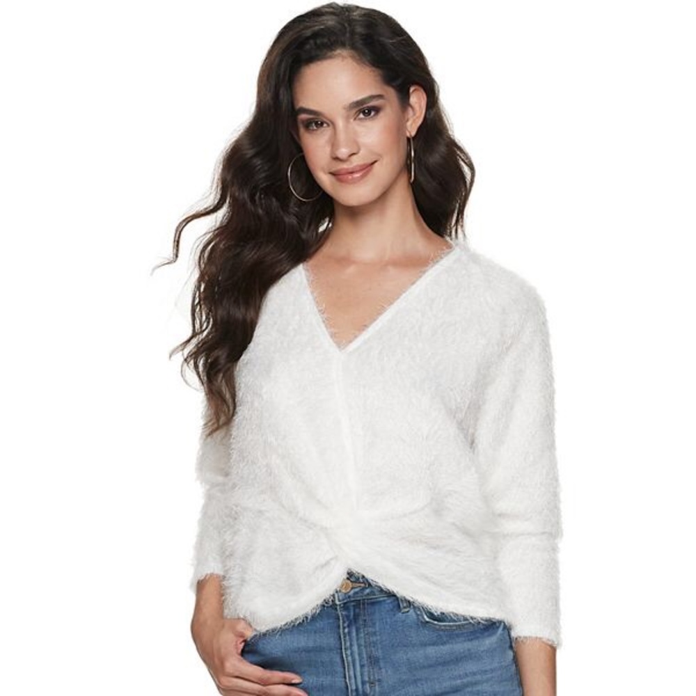 Jennifer Lopez Twist Top Fuzzy Sweater XXL White Super Soft Sweater